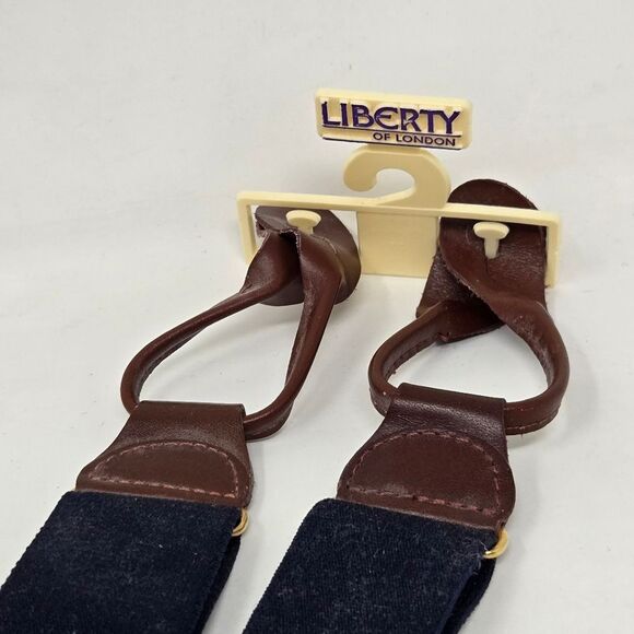 Vintage LIBERTY OF LONDON Deadstock Navy and Leather Suspenders Braces NWT - Picture 6 of 8